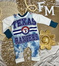 3M - 12M GWM Long Sleeve with 6M-9M Texas Rangers Upcycle Overall Romper