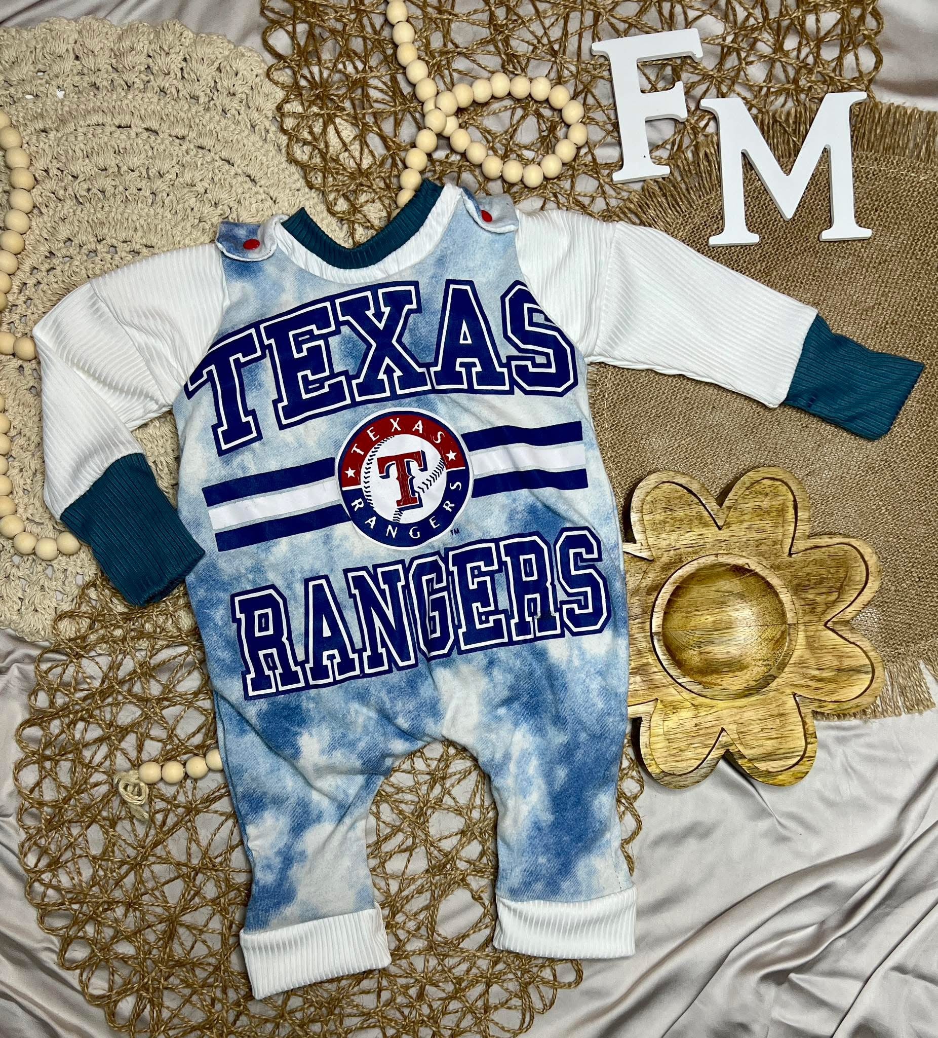 3M - 12M GWM Long Sleeve with 6M-9M Texas Rangers Upcycle Overall Romper